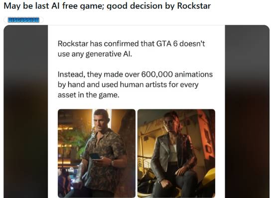 R星确认《GTA6》开发未使用生成式AI，手工制作超60万组动画