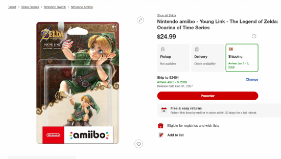 《塞尔达传说：时之笛》重制版amiibo开卖：少年林克、少年塞尔达各25美元，2027年推出