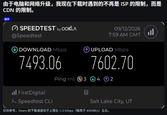 玩家升级7.5Gbps网络后Steam下载仅3.5Gbps，遭遇CDN瓶颈