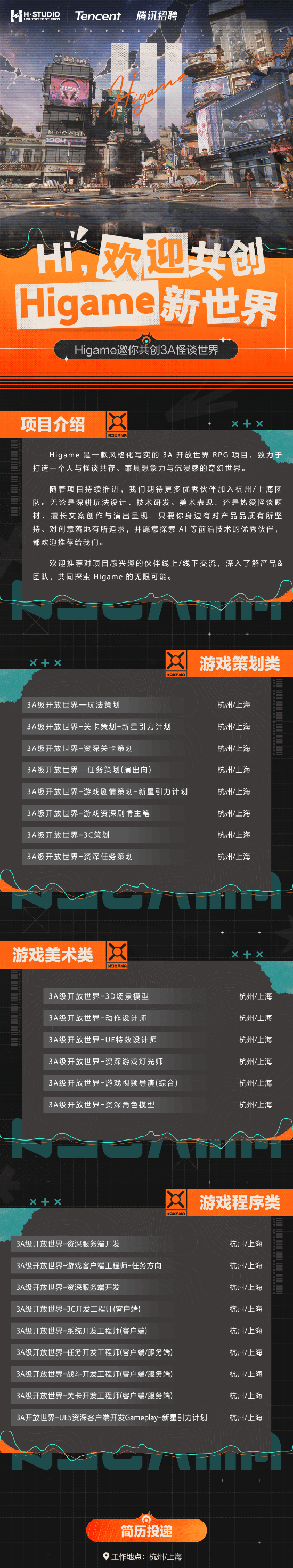 腾讯光子H-STUDIO公开Higame项目招聘，定位风格化写实3A开放世界RPG