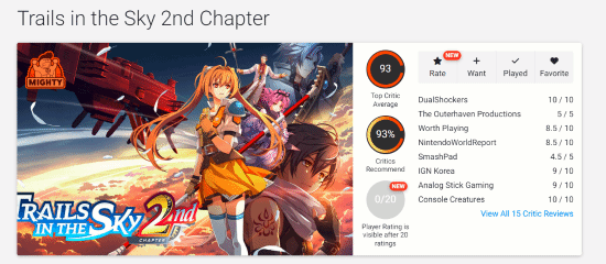 《空之轨迹 the 2nd》OpenCritic开分93，媒体称体量大于前作
