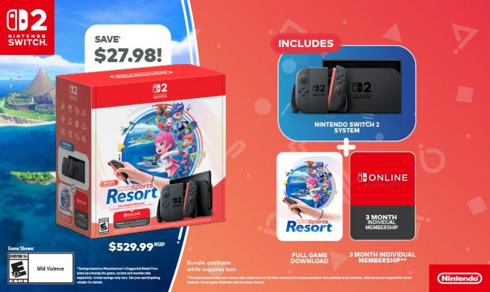 任天堂Switch 2 + Switch Sports Resort同捆套装开启预购，售价529.99美元