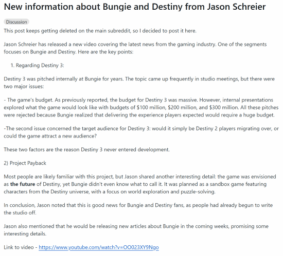 彭博社：Bungie《命运3》提案多年未立项，预算与受众问题成主要障碍