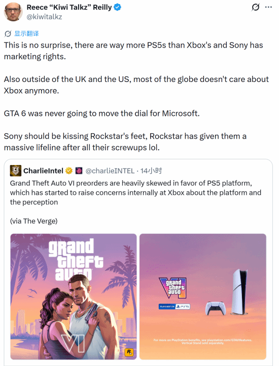 记者称多数地区玩家不再关注Xbox，《GTA6》预购偏向PS5引发担忧