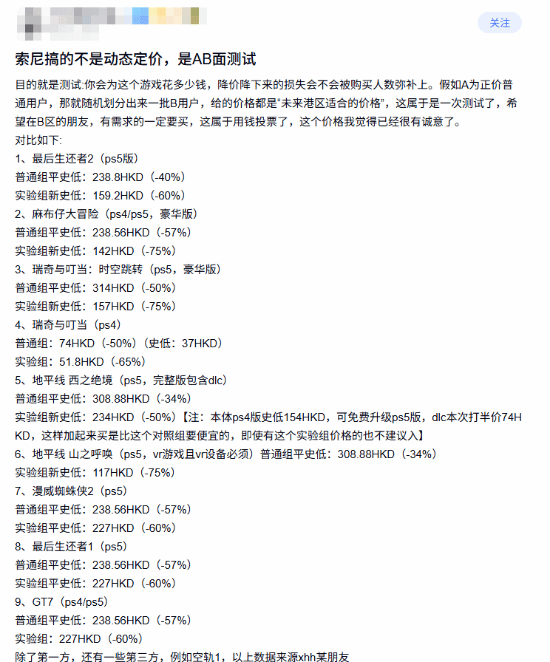 网友称索尼PS商店进行AB测试：同一游戏两组用户折扣差异明显