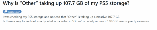PS5玩家反映存储分类“其他”占用107.7GB，社区解释与PS4游戏数据有关