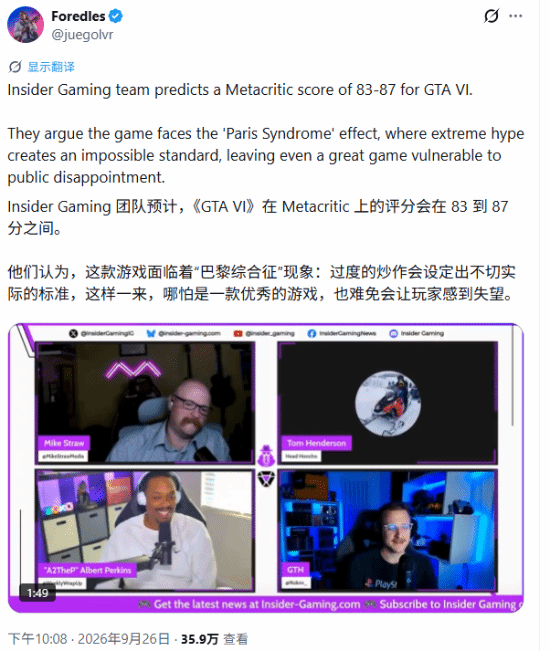 Insider Gaming预测《GTA6》Metacritic评分83至87分，博主Synth Potato以《荒野大镖客2》为例反驳