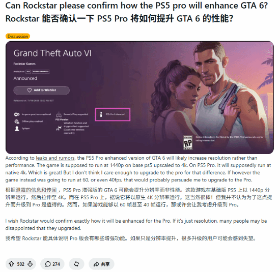 《GTA6》确认有PS5 Pro增强，但未公布是否支持60帧