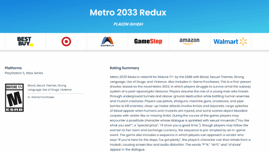 ESRB为《地铁2033 Redux》《地铁：最后的曙光 Redux》评级 PS5/Xbox Series X|S版本或将来临
