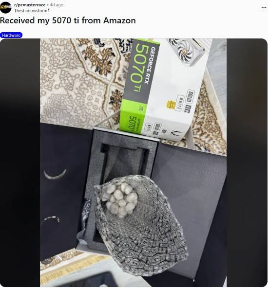 玩家网购RTX 5090收到大米意面与旧显卡，亚马逊尚未退款