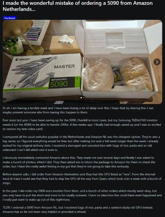 玩家网购RTX 5090收到大米意面与旧显卡,亚马逊尚未退款