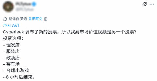 《GTA6》泄露者Cyberleek发起新投票：理发店、改装店、赛车场等五个选项待选