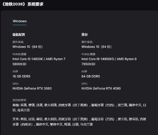 《地铁2039》配置要求惊人 推荐4090显卡64GB内存