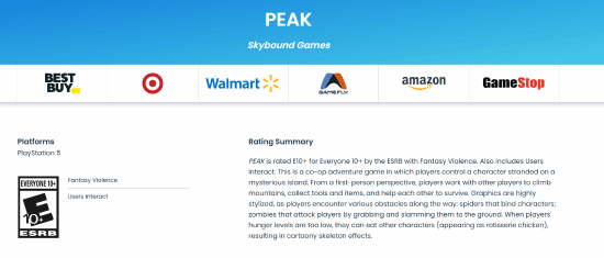 《PEAK》PS5版通过ESRB评级，评为E10+