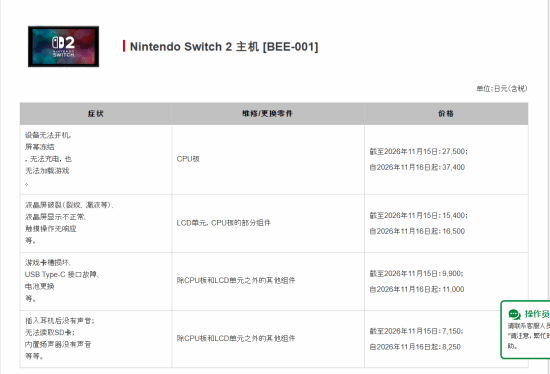 任天堂上调Switch 2与初代Switch维修费，Switch 2主板维修涨至37400日元