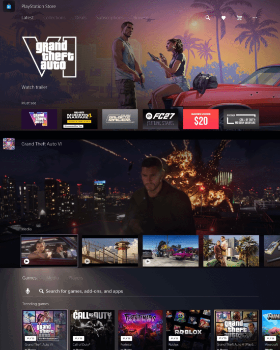 《GTA6》新预告发布后登顶PS商店趋势榜
