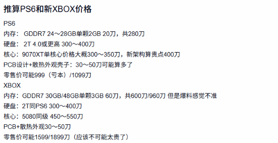 玩家按硬件成本推算PS6与新Xbox售价，最高估算约1.27万元