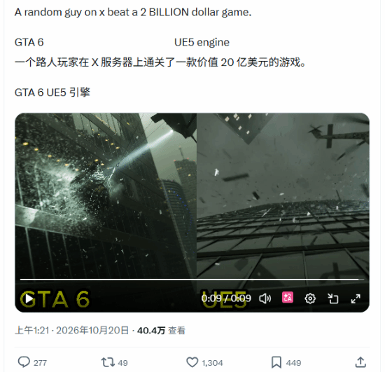 玩家用虚幻5复现《GTA6》预告场景引引擎对比争议