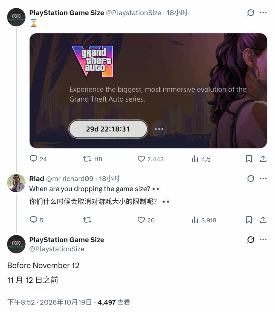 PlayStation Game Size称《GTA6》容量信息将在11月12日前公布
