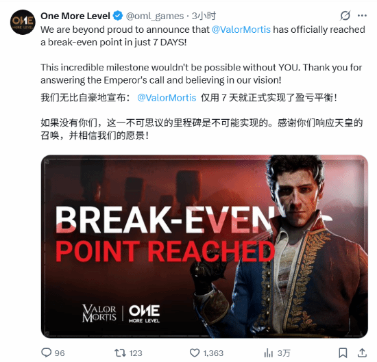 《不朽遗志》发售7天达到盈亏平衡，发行商Lyrical Games确认