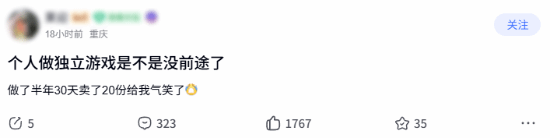 开发者半年制作的独立游戏发售30天售出20份，引发个人开发者前景讨论