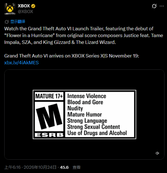 Xbox发布《GTA6》发售预告片，确认11月19日登陆Xbox Series X|S
