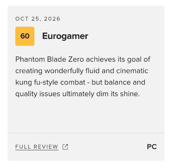 Eurogamer给《影之刃零》打出60分 成M站目前最低分