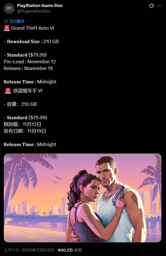 《GTA6》PS5下载容量曝光210GB，预载11月12日开始