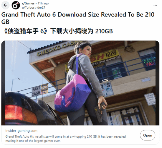 《GTA6》210GB下载容量曝光，Rockstar尚未正式确认