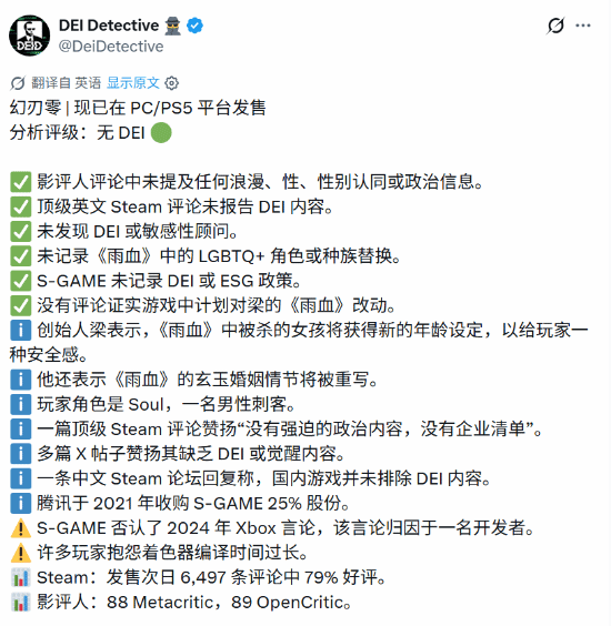 外网博主对《影之刃零》给出DEI Free绿色评级